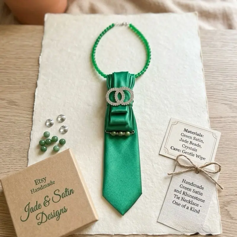Emerald Green Satin Tie Necklace | Rhinestone Buckle, Beaded Statement Jewelry
