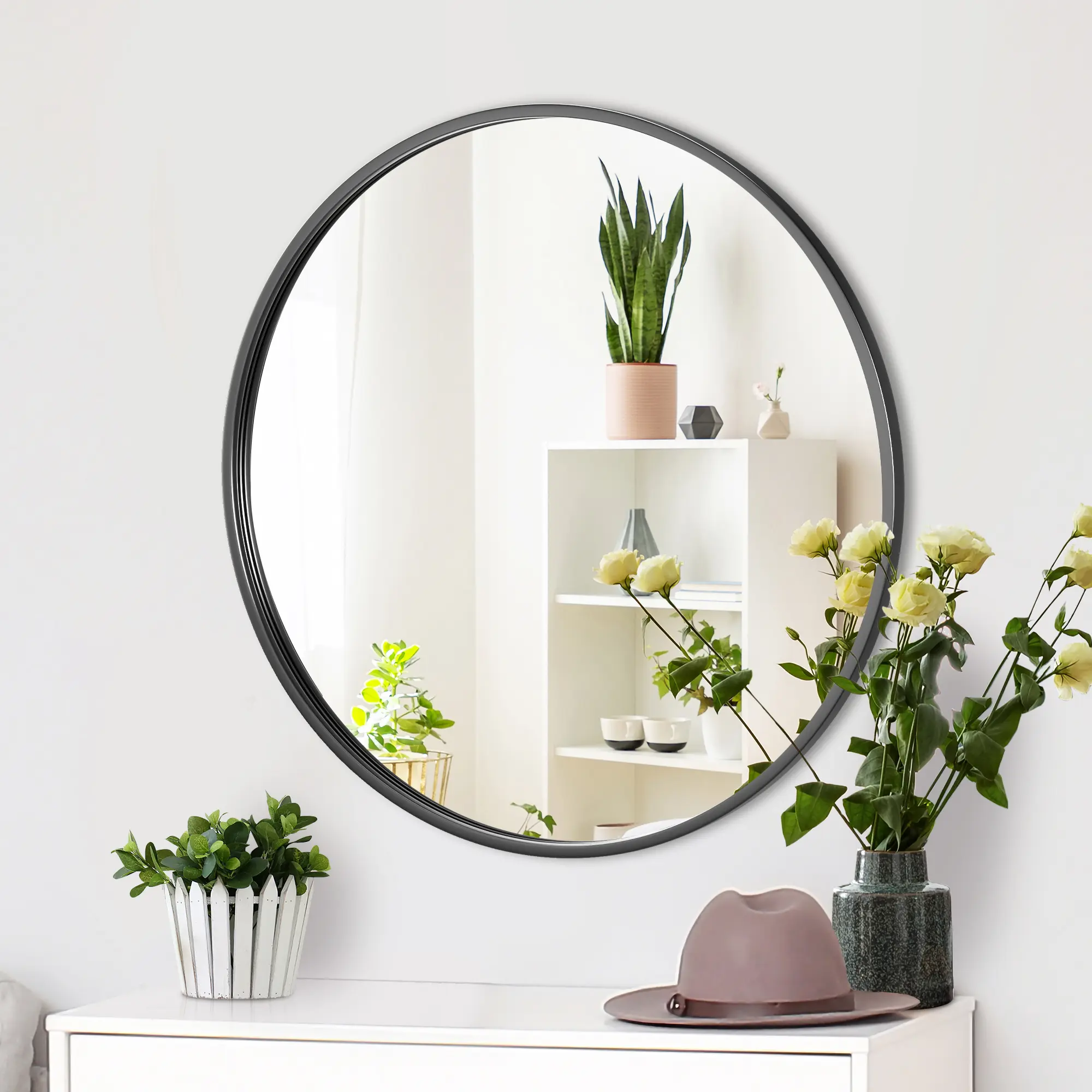 Zeny 24" Round Circle Design Glass Bathroom Mirror - Black Wall-Mount Vanity Mirror with Simple Aluminum Alloy Frame, Elegant Modern Home Improvement Fixture for Room Decor,home essentials