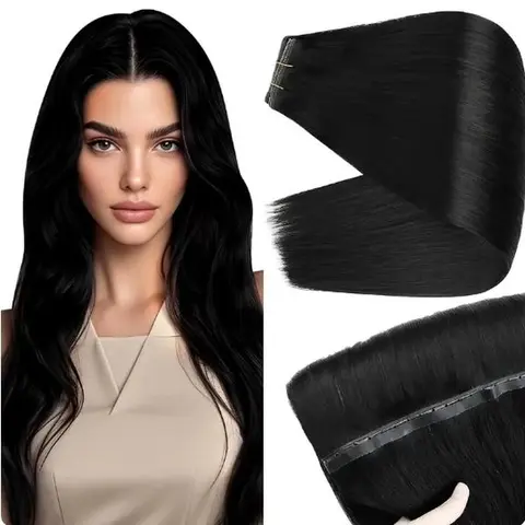 Ve Sunny Butterfly Weft Human Hair Extensions - #1 Jet Black, 20inch 100G OVO Weft Straight Hairpieces, Women's Easy DIY Install, Tools Not Included