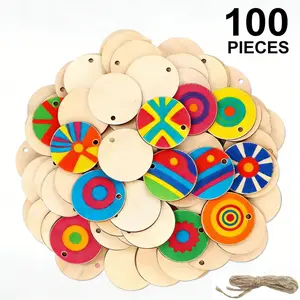 100pcs Unfinished Round Single-Hole Wood Discs, Natural Wooden Craft Tags, 1 Inch DIY Handmade Party Birthday Christmas Decorations, Wooden Decorative Ornaments