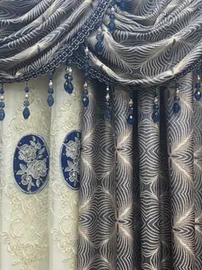 Margo 7 Pc Luxury Navy Curtain Set With Monalisa Embroidered Center Panel & Backing