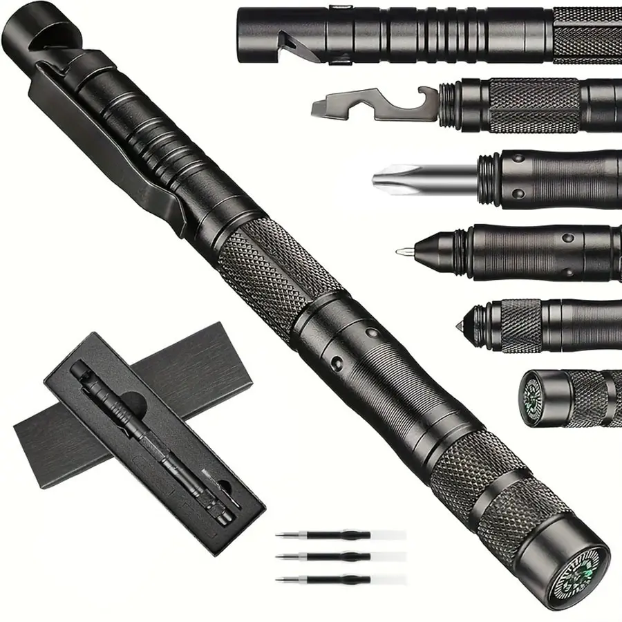 9-in-1 Tactical Pen, Portable, Durable, Emergency Preparedness, Survival Tools, Survival Gear, Survival Equipment, Gifts for Men Dad, Cool Gadgets for Men, Screwdriver Multi-Tool, Multifunctional Tool, Compass, Bottle Opener, Whistle, Ink Refills