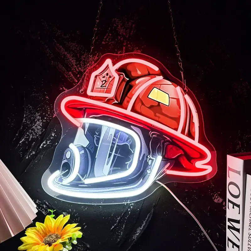 Acrylic Helmet-Shape Neon Sign, USB-Powered  LED Decorative Wall Light, Wall-Mount Home Decor Light, Minimalist Gift for Firefighting Heroes summerwins