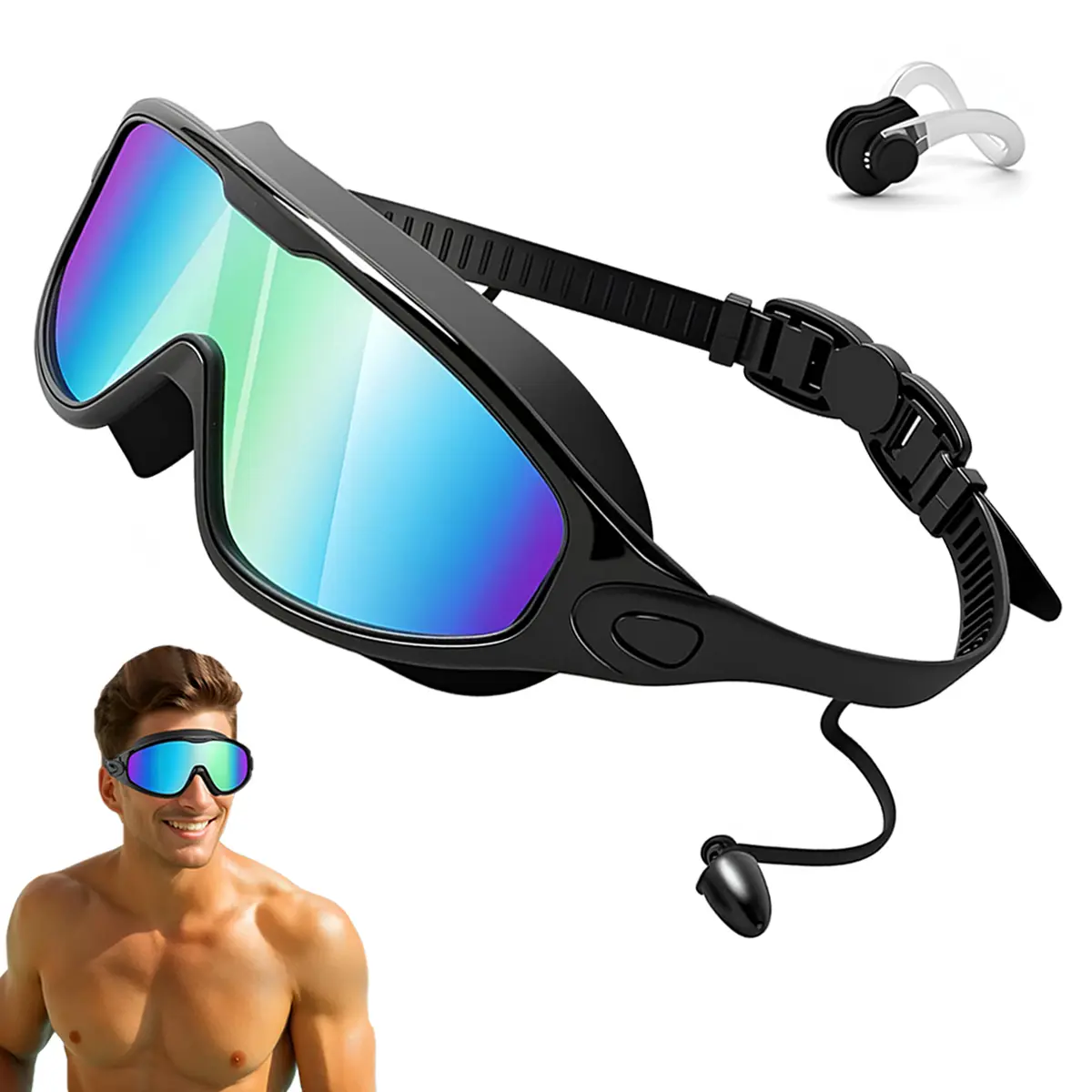 Swim Goggles Adult, Wide View Swimming Goggles for Men Women, Anti-Fog UV Protection No Leak Pool Goggles with Attached Earplugs for Lake,Beach, Summer Party