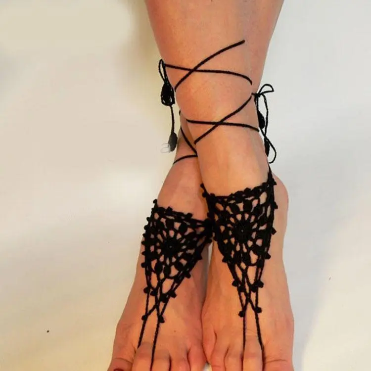 Female Crochet Cotton Barefoot Sandals Anklets - 1 Pair, 30-50 cm, Wedding Beach Ankle Bracelet Ornament
