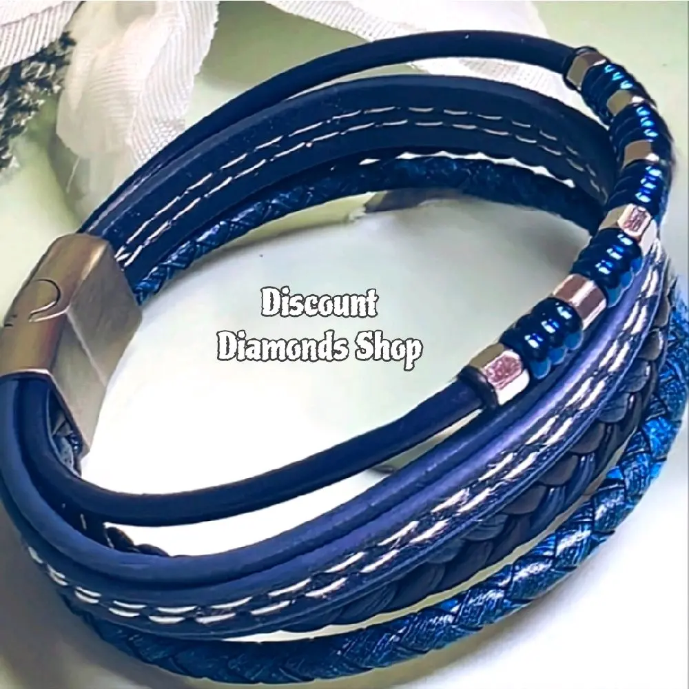 Blue Braided Genuine Leather with Silver Titanium Trim