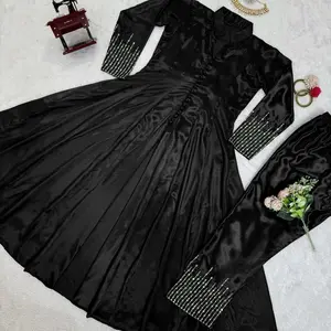 Women black chinnon silk Indo western partywear suit Indian clothing pant style Womenswear Dress Formal Comfort