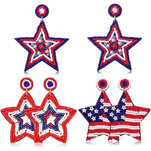 Beaded American Flag Patriotic Earrings for Women - Set of 3 with Letter USA, Tassel, and Star Designs, Drop Earrings Inspired by Independence Day