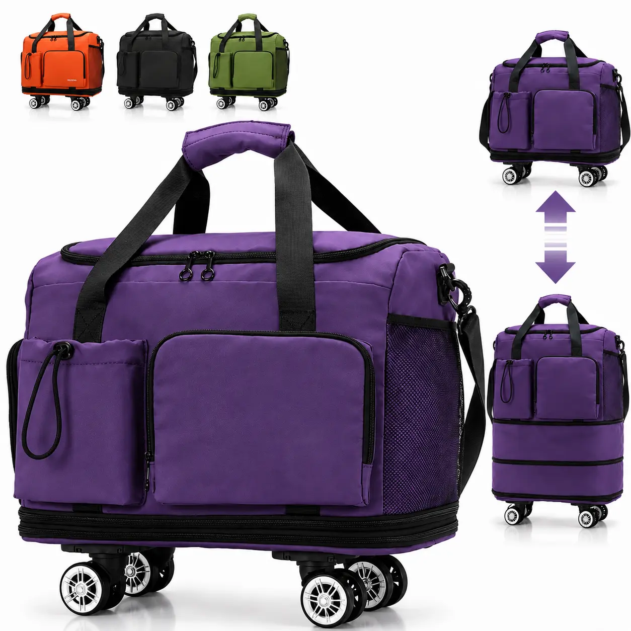 Large-Capacity Foldable Rolling Duffle Bag with 4 Spinner Wheels, Wheeled Luggage with Separate Shoe Compartment, Water-Resistant Convertible Backpack for Students, Ideal for Gym, Weekend Overnight Trips