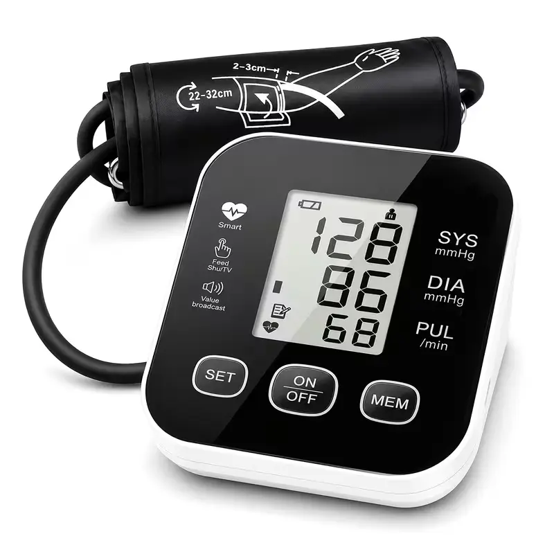 Rechargeable LED blood pressure monitor with voice prompts and data storage; wearable device; smart health device; data storage; accurate at-home blood pressure monitoring; black blood pressure monitor