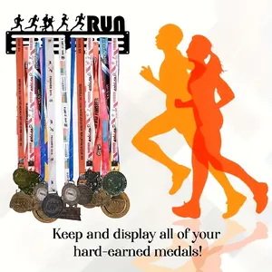 Iron wall-mounted sports medal rack organiser - a modern style decorative medal holder for displaying medals from sports such as running, soccer, and baseball.  It makes a great birthday or holiday gift and can also be used as home decor.