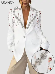 ASANDY Women's Luxury Formal Shiny Jacket - Loose Oversized Suit Piece with Dazzling Crystal Flower, Red Heart Rhinestone Chain Embellishments, Sparkly Tassel-Drop Decor, Perfect for Gala, Red Carpet All-Season Glam Outfit,summervibes