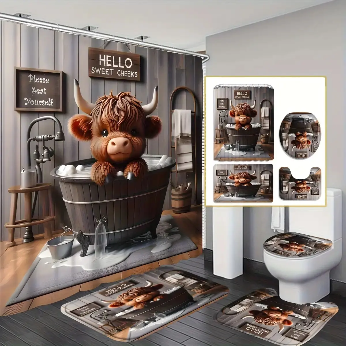 4-Piece Polyester Bathroom Decor Set - Modern Art Abstract Shower Curtain, Floor Mat, U-Shaped Mat, Toilet Seat Cover, 12 Hooks, Home Bathroom Accessories