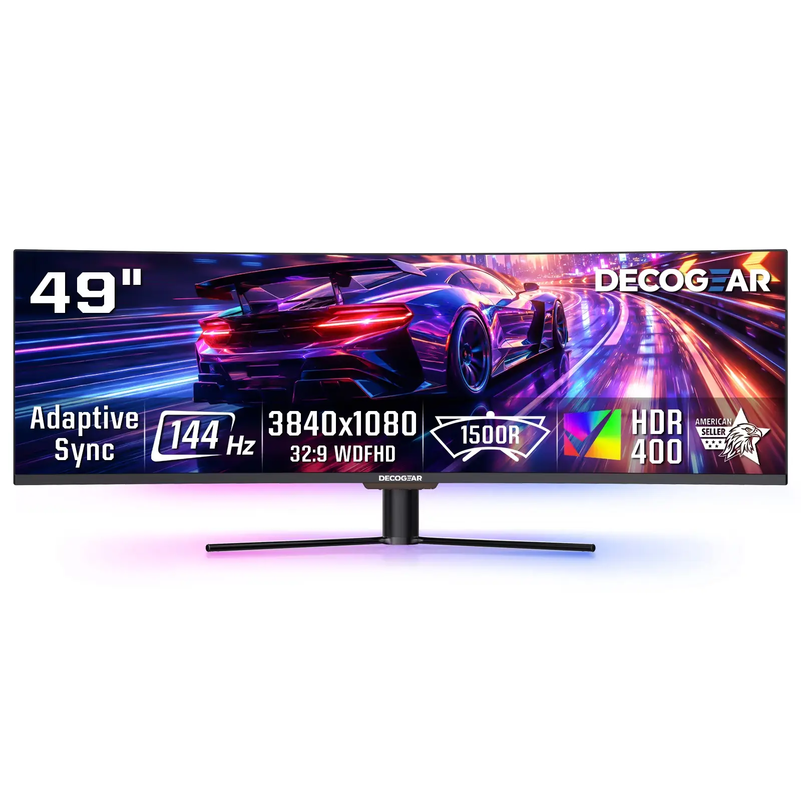 Deco Gear Curved 49” Super Ultrawide Gaming Monitor, 32:9 WDFHD 3840×1080, 144Hz, 3ms, 3000:1 VA, HDR400, Adaptive Sync, USB-C 65W, HDMI/DP, PBP/PIP, KVM, 1800R