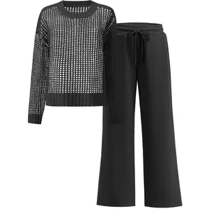 ANRABESS Womens 2 Piece Outfits Crochet Sheer Knit Sweater Top Wide Leg Pants Lounge Sets Sweatsuit 2025 Fall Travel Clothes