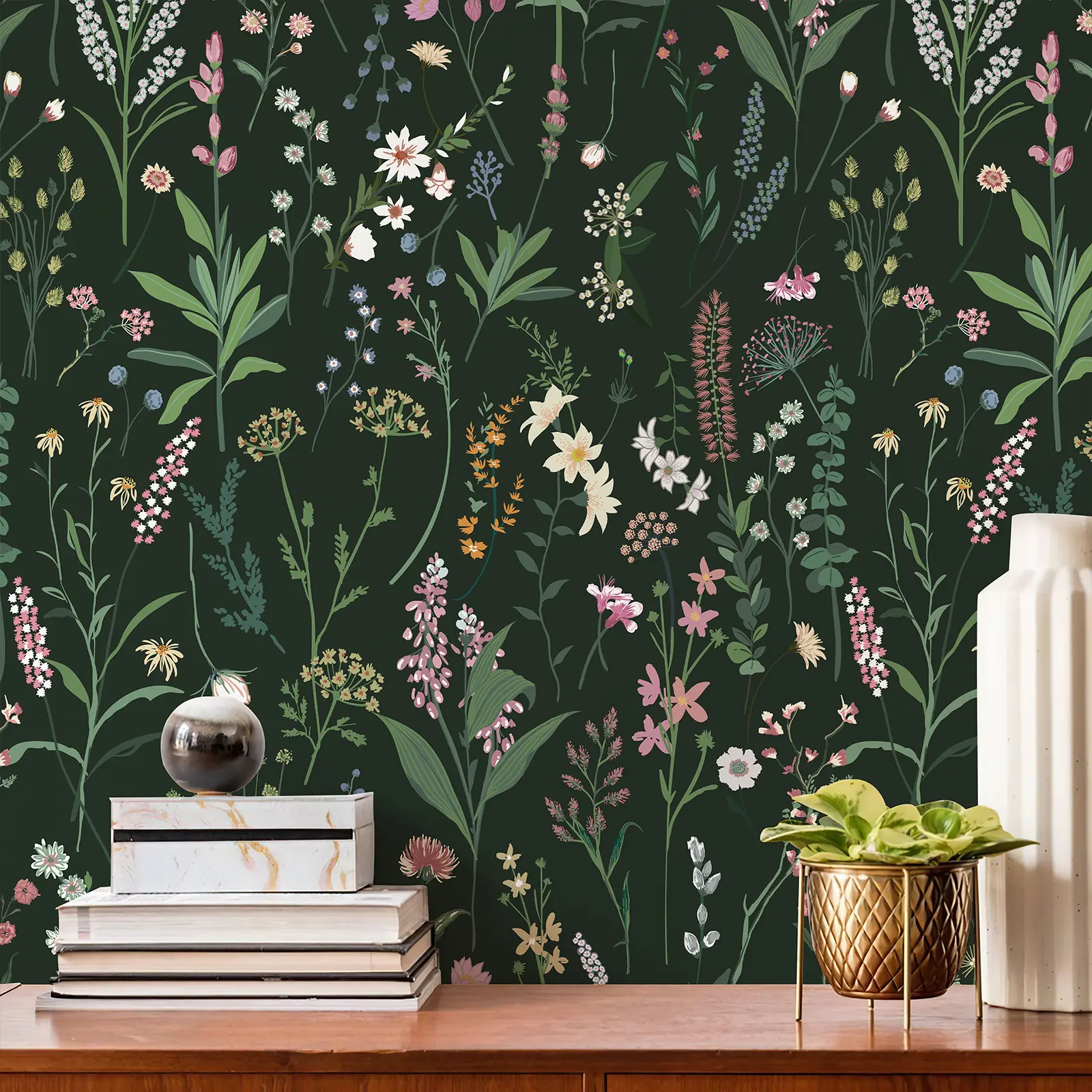 Wildwood Floral Peel and Stick Wallpaper Green White Farm Flower Removable Self Adhesive Contact Paper Waterproof Botanical Wallpaper for Bedroom Bathroom Living Room Accent Wall Decor