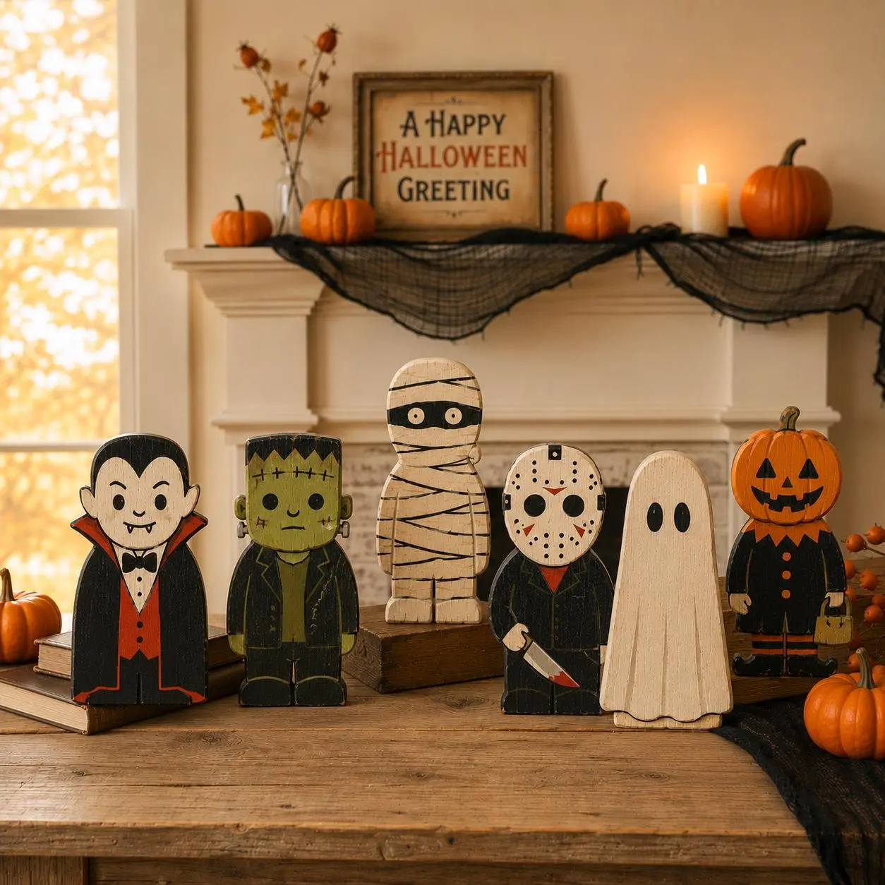 Halloween Wooden Block Decor  – Spooky Character Shelf Sitters, Vampire, Mummy, Ghost, Pumpkin & Frankenstein Rustic Fall Decoration