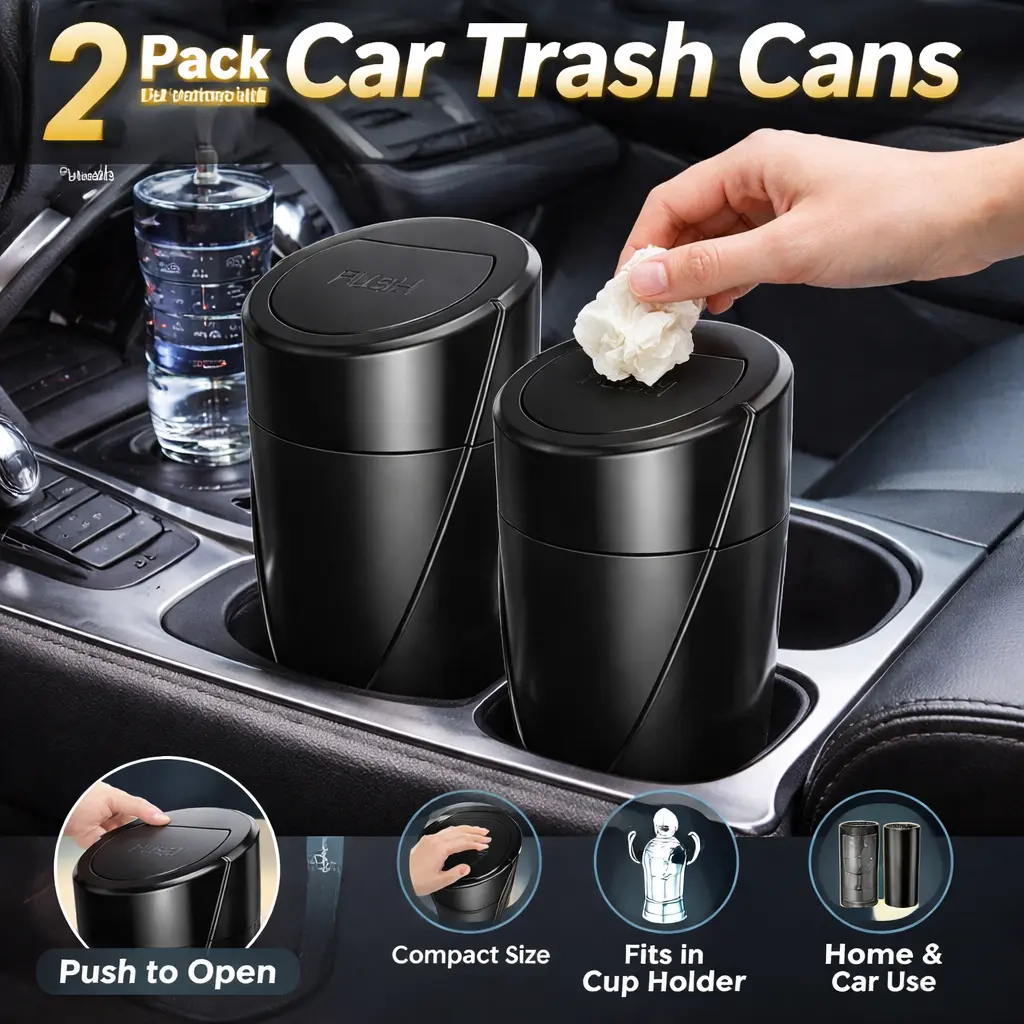2-Pack Car Trash Can with Lid – Leakproof Mini Garbage Bin Cup Holder for Vehicle Front and Back Seat, Includes 40 Trash Bags, Black Compact Car Organizer and Storage Accessories for Road Trips and Daily Commuting