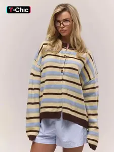 Women's New Vintage Striped Knit Cardigan, Unique Elegant Loose-Fit Sweater for Fall & Winter, Casual Versatile Round Neck Top
