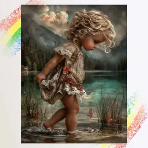 1pcs 5D DIY diamond painting kit, 5D diamond art set, DIY decoration, golden curly hair, brown short skirt, lake water and mountains. Diamond painting kit full round drill DIY, mosaic, diamond art, DIY art home decor, suitable for Halloween and Christmas.