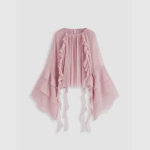 Cider Chiffon Round Neckline Solid Ruffle Hem See-through Long Bell Sleeve Blouse SwimWeek