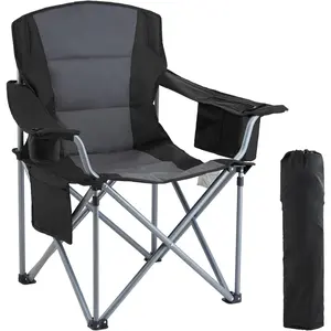 Oversized Camping Folding Chair, Portable Heavy Duty Outdoor Quad Lumbar Back Padded with Side Pockets, Cup Holder and Cooler Bag for Beach, Lawn, Picnic, Fishing, Backpacking, Black
