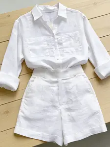 Women's Long Sleeve Collared Shirt & Shorts Set, Relaxed Fit Tummy Control Breathable Outfit for Summer Vacation, Beach Holiday, Everyday Casual Wear in Multiple Colors, Lightweight & Soft Fabric for Women