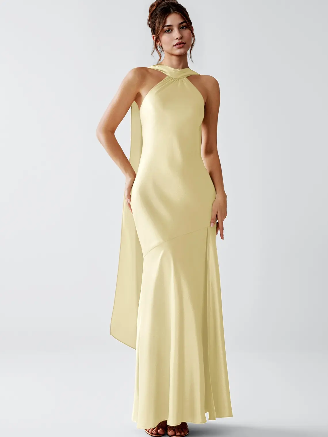 Azazie Veronica Twisted Halter Scarf Neck Fitted Mermaid Maxi Dress for Wedding Guest Prom Evening Gala Luminous Satin