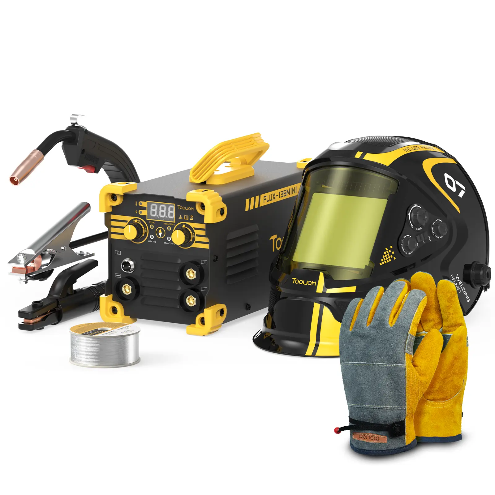TOOLIOM FLUX-135MINI Gasless MIG Welder Starter Kit - 135A 110V Flux Core/Lift TIG/Stick 3-In-1 Welding Machine, Includes Auto-Darkening Helmet, Gloves & E71T-GS Wire