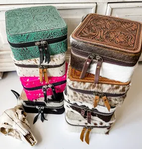 Western Cowhide Leather Jewelry Box - Travel Storage