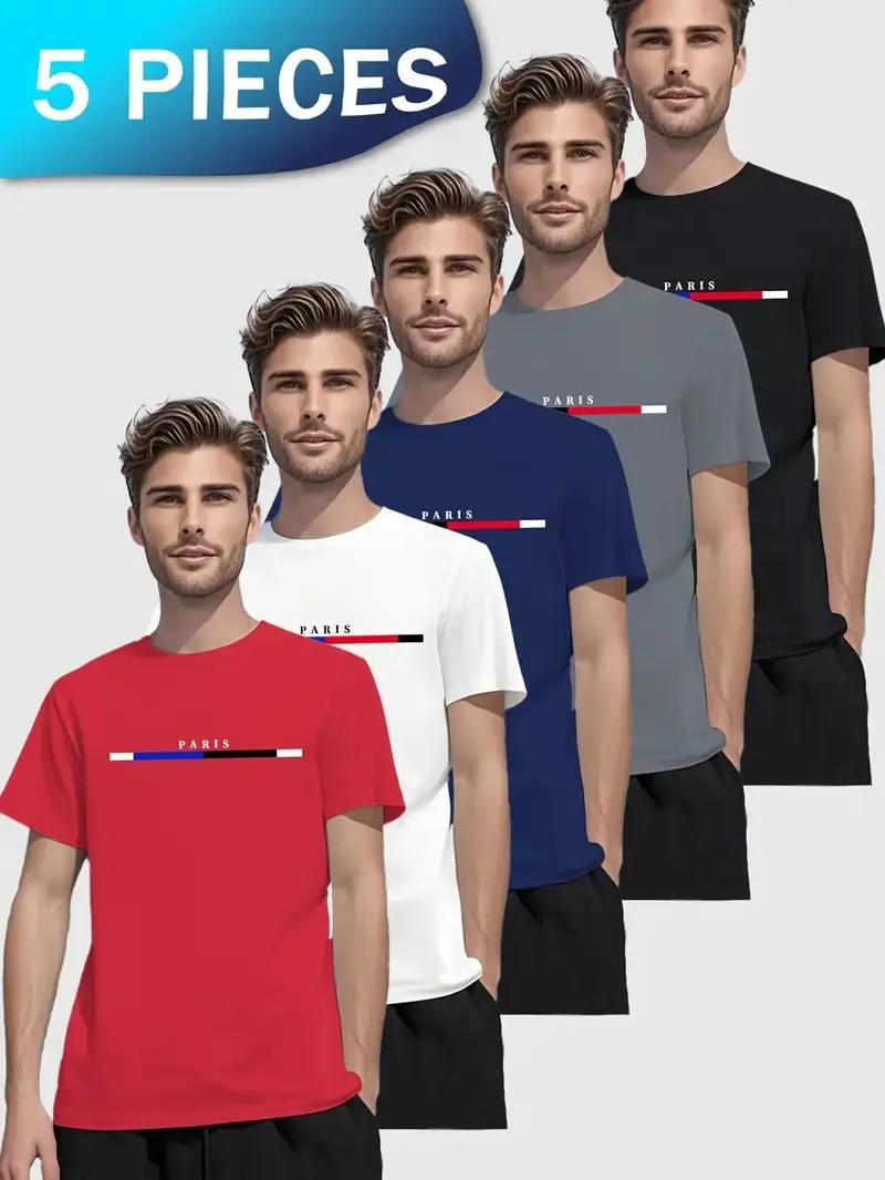 5 pieces of men's fashion letter pattern T-shirts, classic short-sleeved round-neck T-shirts, suitable for summer casual outings, sports and training. Outdoorfun ,Top Streetwear