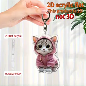 Cute Hoodie Cat Keychain, Flat 2D Acrylic Keyring, Waterproof Bag Accessory, Women's Birthday Gift, Cat Lover Present, Kawaii Keychain