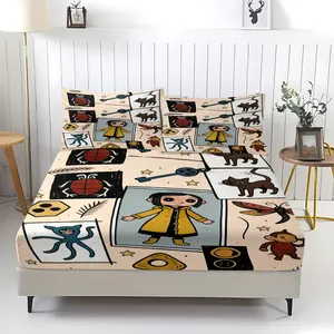 Cute cartoon character printed cartoon pattern bed sheet, comfortable printed pattern, including 1 bed sheet and 2 pillowcases, comfortable bedding, anti slip dust cover suitable for bedrooms and guest rooms, suitable for children and adults as gifts