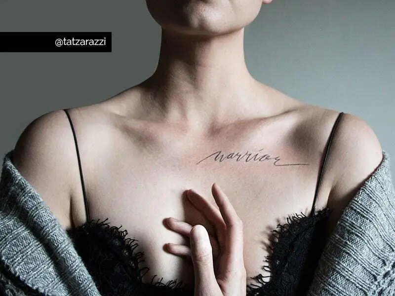 Warrior large temporary tattoo script calligraphy cursive flowing text black simple minimal hipster original brave fighter strong