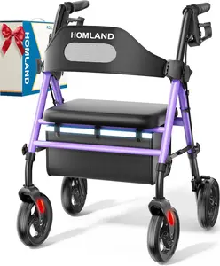 Foldable Rollator Walkers with Seat for Seniors, 8'' Big Wheels, 350 lb. Weight Capacity, Adjustable Handles and Seat Height, Lightweight Rolling Walker, Purple