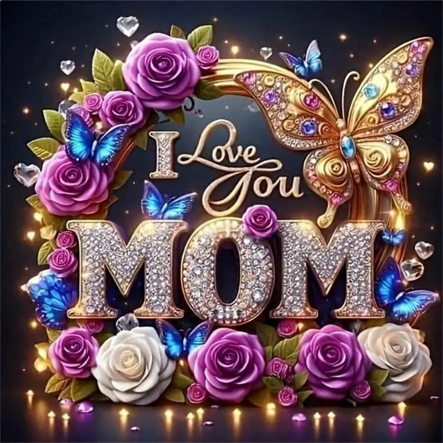 5D Diamond Painting Kit - "I Love You Mom" Purple Rose & Butterfly, Full Round Drill Bling Rhinestone Diamond Pattern Design Embroidery Design, Perfect Gift for Mother's Day & Mom Wall Decor, Embroidery Set, DIY Kit, Crafts