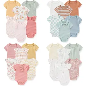 Kiddiezoom Fashion 6-Pack 100% Cotton Short-Sleeved Unisex Baby Bodysuits - Cute Cartoon Patterns, Baby Items, for 0-12 Months