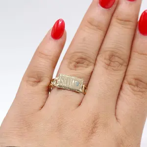 14KT Gold Personalized Plaque Ring with Intricate Chain Design and Custom Engraving Options
