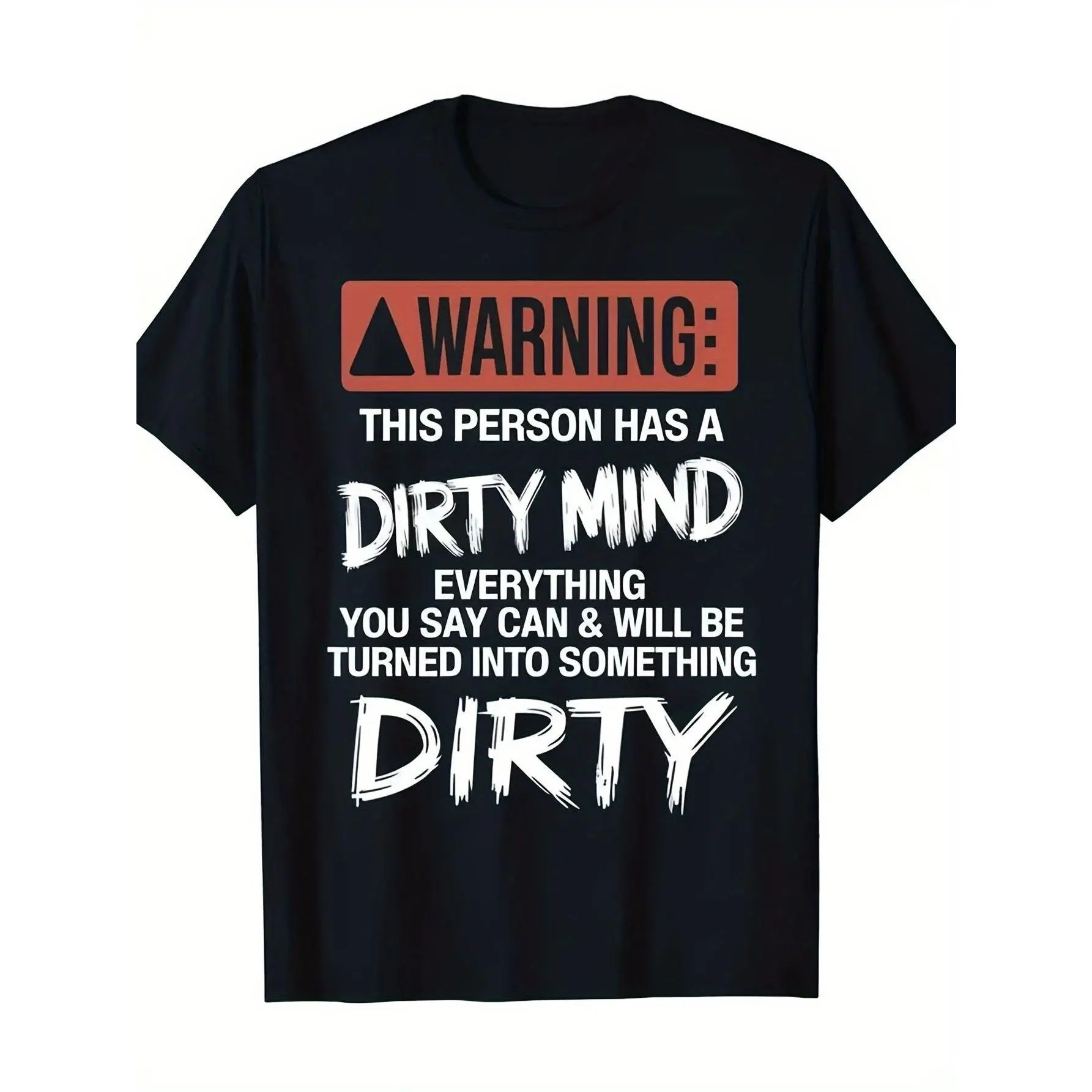 Men's Thick Relaxed Fit Casual Short-Sleeve Classic Breathable Graphic T-Shirt - Funny Warning Dirty Mind & Heart Caution Sign Text Design, Round Neck, Machine Washable Sarcastic Novelty Apparel for Parties, Everyday Wear