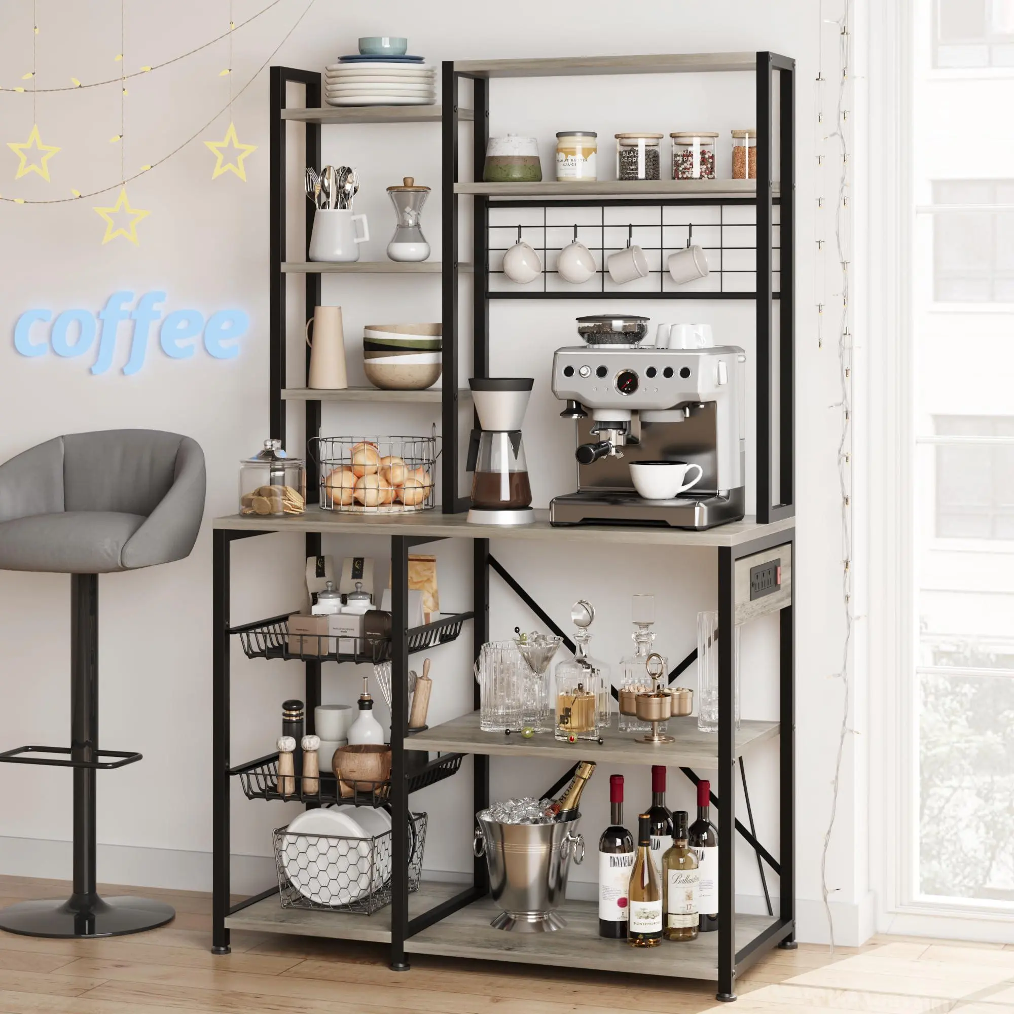 Kitchen shelf, bakery shelf with fixtures, basket & 4 S-hooks, industrial design microwave shelf, freestanding shelf made of wood & steel for microwave, cooking utensils, spices, pots and pans 90 x 40 x 178 cm - B