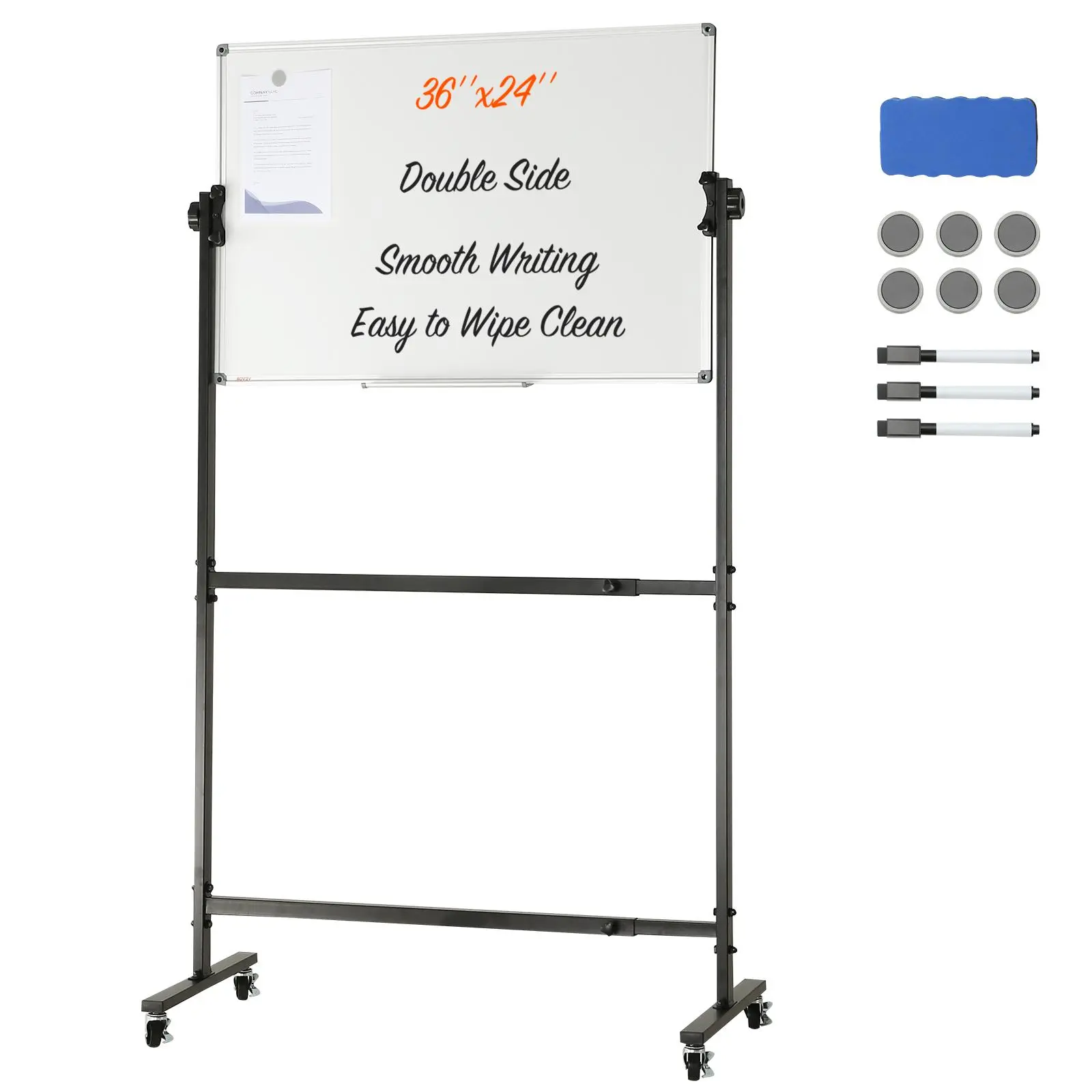 【summerfinds】VEVOR Rolling Magnetic Whiteboard, Double-sided Mobile Whiteboard 36x24 Inches, Adjustable Height Dry Erase Board with Wheels, 1 Magnetic Erase & 3 Dry Erase Markers & Movable Tray Office, School