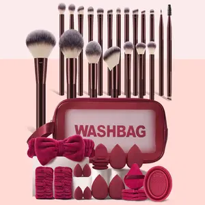 41PCS All-in-One Makeup Tools Set, Waterproof Multifunctional Zipper Cosmetic Bag, 20PCS Makeup Brushes, 4 Regular & 4 Mini Makeup Sponges, 4 Triangle Powder Puffs, 4 Mini Air Cushion Puffs, Hairband, Hand Bowl Straps and Brush Cleaning Tool