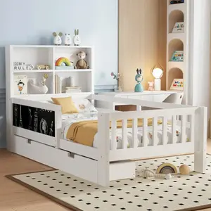 [Bellemave]Twin Platform Bed with Chalkboard,Solid Wood Platform Bed with Storage Drawers and Shelves,Childlike Fun and Space-saving Design