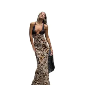 Silk halter top leopard maxi dress! Women Summer Sleeveless Evening Day Fabric Womenswear Silky Chic day gift