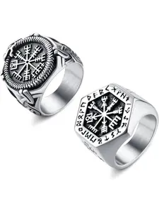 2Pcs Stainless Steel Nordic Rings for Men Viking Vegvisir Pirate Compass Ring Odin's Wolf Head Rune Vantage Ring Vikings Thor's Hammer Ring Valknut Warrior's Gothic Jewelry