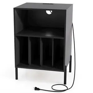 COSTWAY - Record Player Stand with Record Storage Shelf and Charging Station-Black