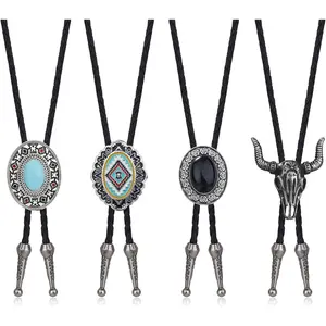 4Pcs Western Cowboy Bolo Tie Set  Vintage Cow Skull & Turquoise Style Design | Hand-Braided Leather Necktie | Unisex Retro Accessory for Festivals & Parties