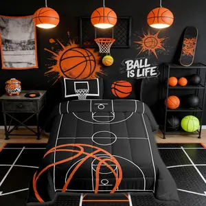 Feelyou Multi-Size Polyester Fiber Sports Theme Basketball Court Print Comforter Set - All-Season Cozy U-Stitching Quilt for Kids Boys, Orange Basketball & Hoop Design, Travel Ready