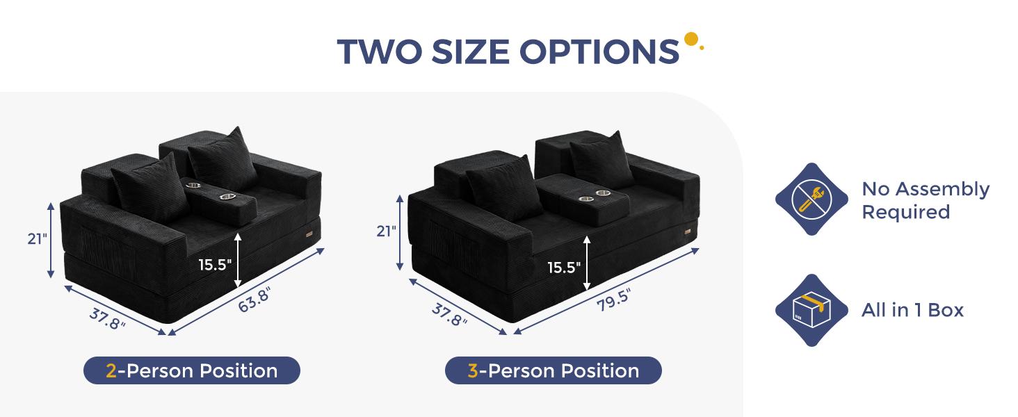 MAXYOYO Loveseat Sofa Bed, 64" Foldable Floor Sofa Couch in A Box with 2 Cup Holders, 4 in 1 Convertible Boneless Couch Folding Recliner Sleeper Chair for Living Room, No Assembly Required