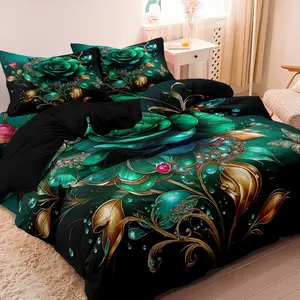 3Pcs Emerald Green & Golden Floral Rose Bedding Set - Luxury Vintage Floral Print Decorative Duvet Cover Sets With 1*Duvet Cover + 2* Pillowcase, Fit For All-Season Home Dormitory Decoration